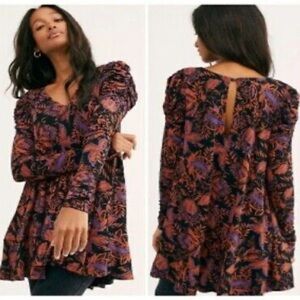 Free People Hello Lover Tunic Mini Dress Top Noir Combo XL Puff Long Sleeve